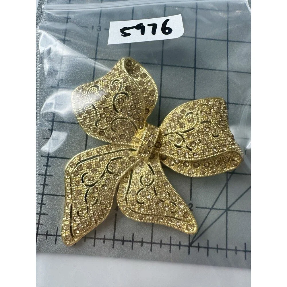 Vintage Gold Tone Rhinestone Large Bow Brooch Pin